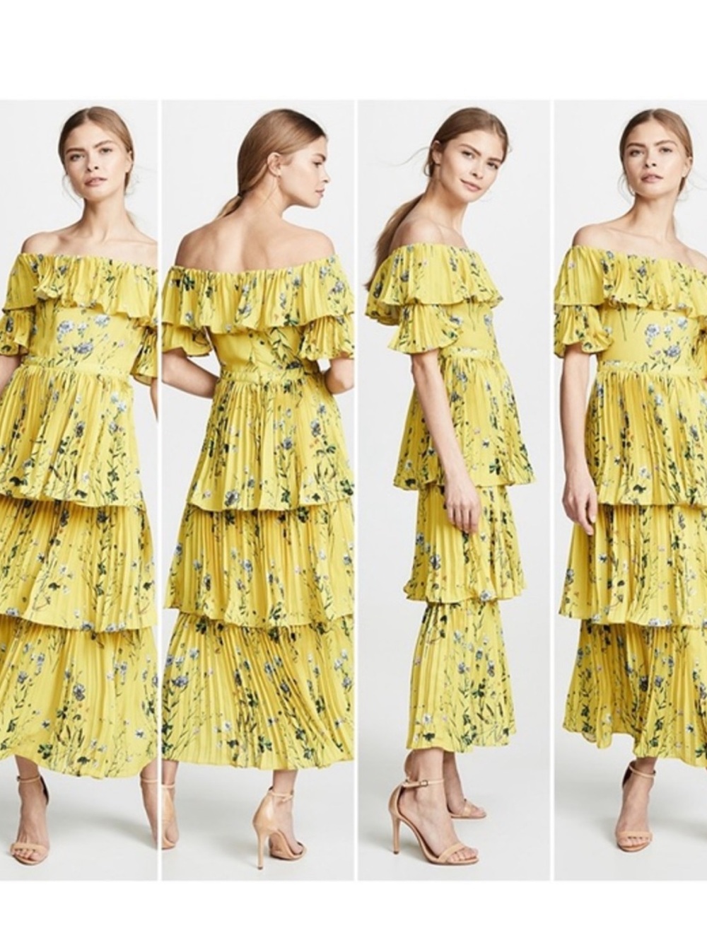 Yellow Floral Off Shoulder Midi Dress Pleated Summer Wedding NWOT
